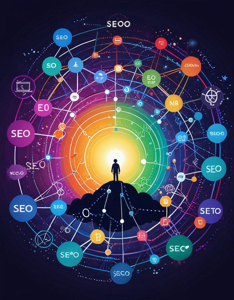A dynamic scene showing a digital landscape with interconnected nodes representing various SEO elements like keywords, backlinks, and analytics. The central part of the image features content creation depicted by a writer crafting words that morph into pathways leading to higher search engine rankings. Bright beams of light symbolize the thriving and powerful impact of well-crafted SEO content. Vector art. vibrant colors.