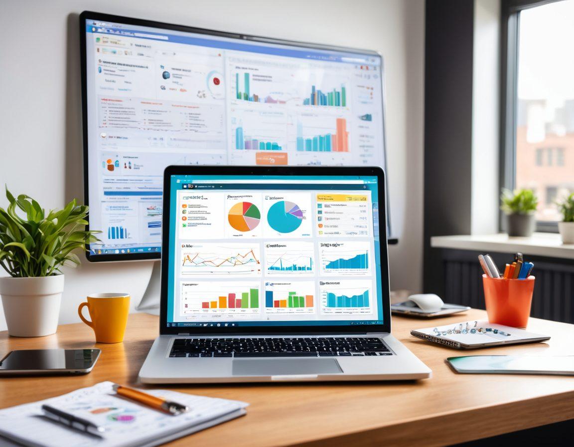 A dynamic image of a laptop and smartphone displaying a blog on Titspost, surrounded by icons of digital marketing tools like SEO, social media, email, and analytics graphs. The background features a modern, bustling office space with a team brainstorming on a whiteboard. Vibrant colors and super-realistic style to convey energy and innovation.
