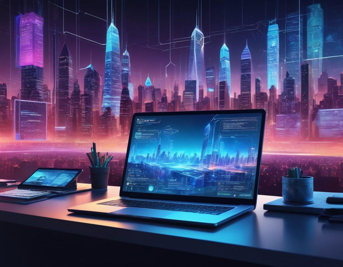 A sleek, futuristic workspace featuring a high-tech laptop displaying a complex web development interface, surrounded by code snippets, design blueprints, and digital content elements floating in the air. The background shows a dynamic cityscape blending into a digital framework, full of vibrant colors and glowing icons. The scene should reflect innovation, creativity, and technological mastery. super-realistic. vibrant colors. 3D.